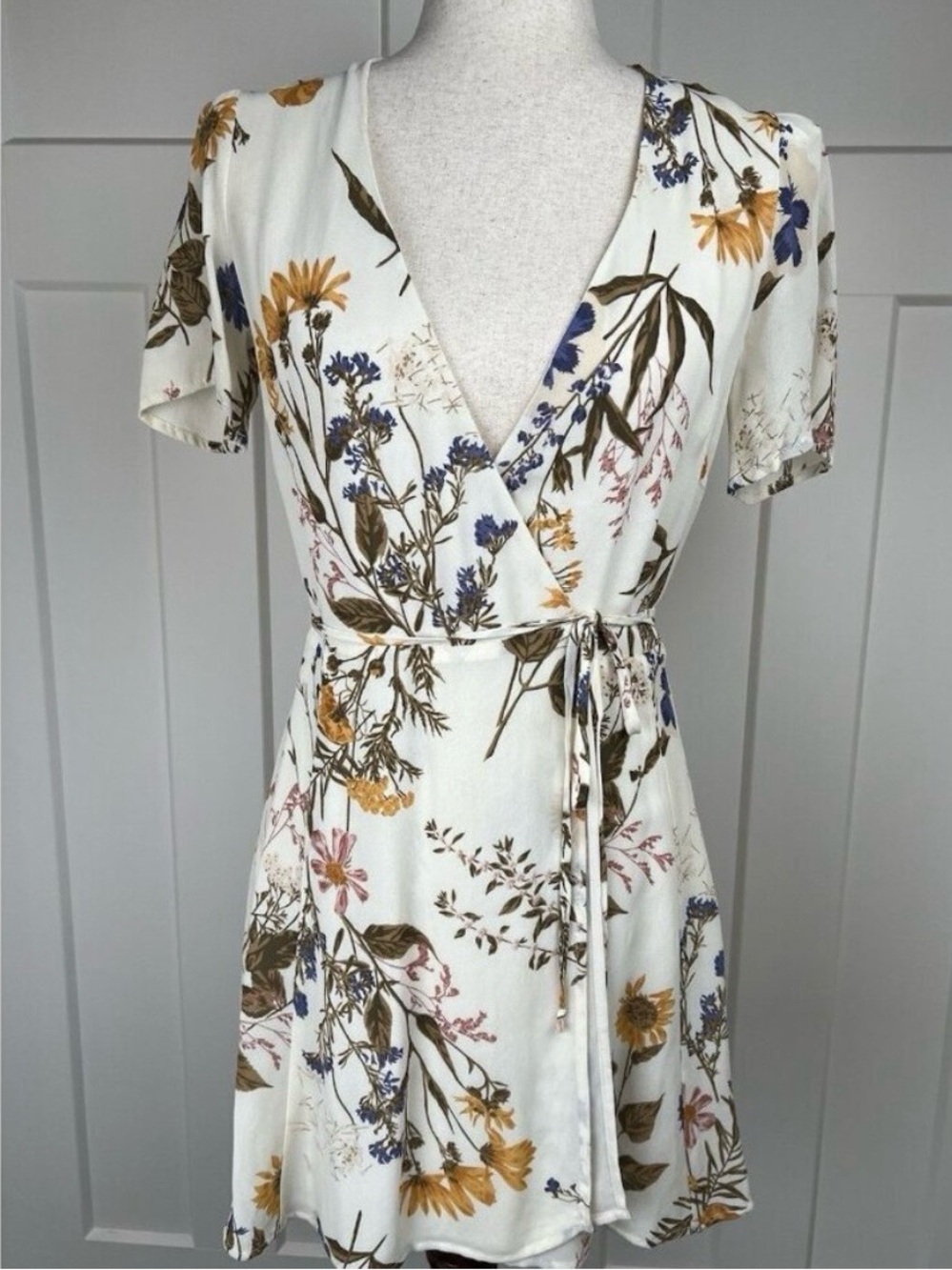 Reformation Cream Floral Wrap Mini Dress with Blue & Mustard Accents